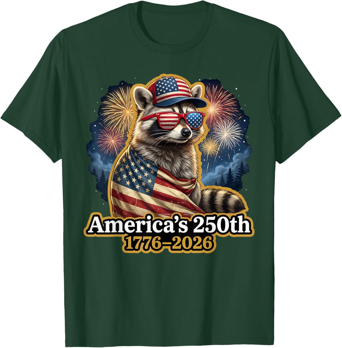 Raccoon 250th Anniversary 4th of July Patriotic USA Flag T-Shirt - T-Shirt | Forest