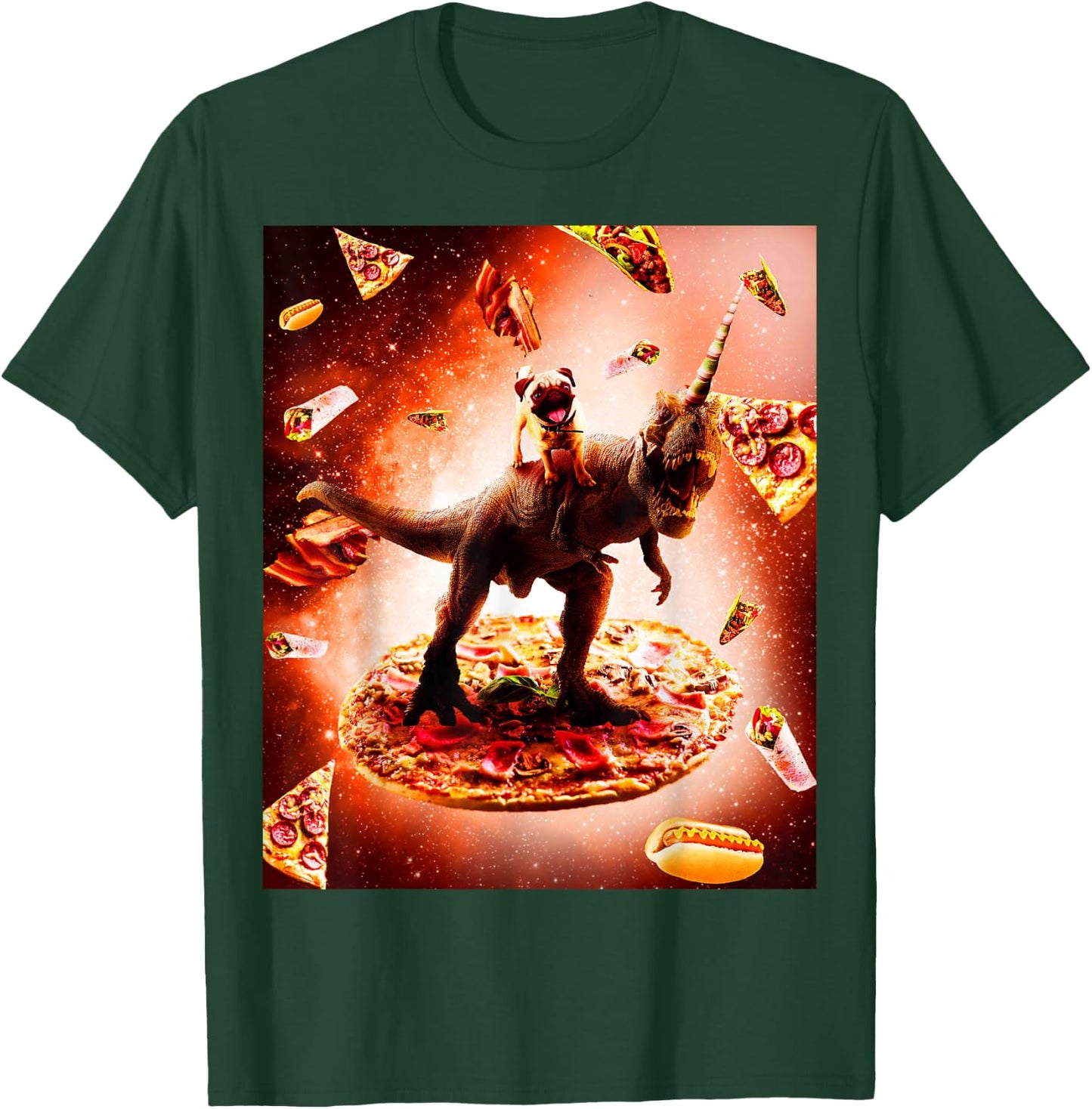 Outer Space Pug Riding Dinosaur Unicorn - Pizza T-Shirt - T-Shirt | Forest