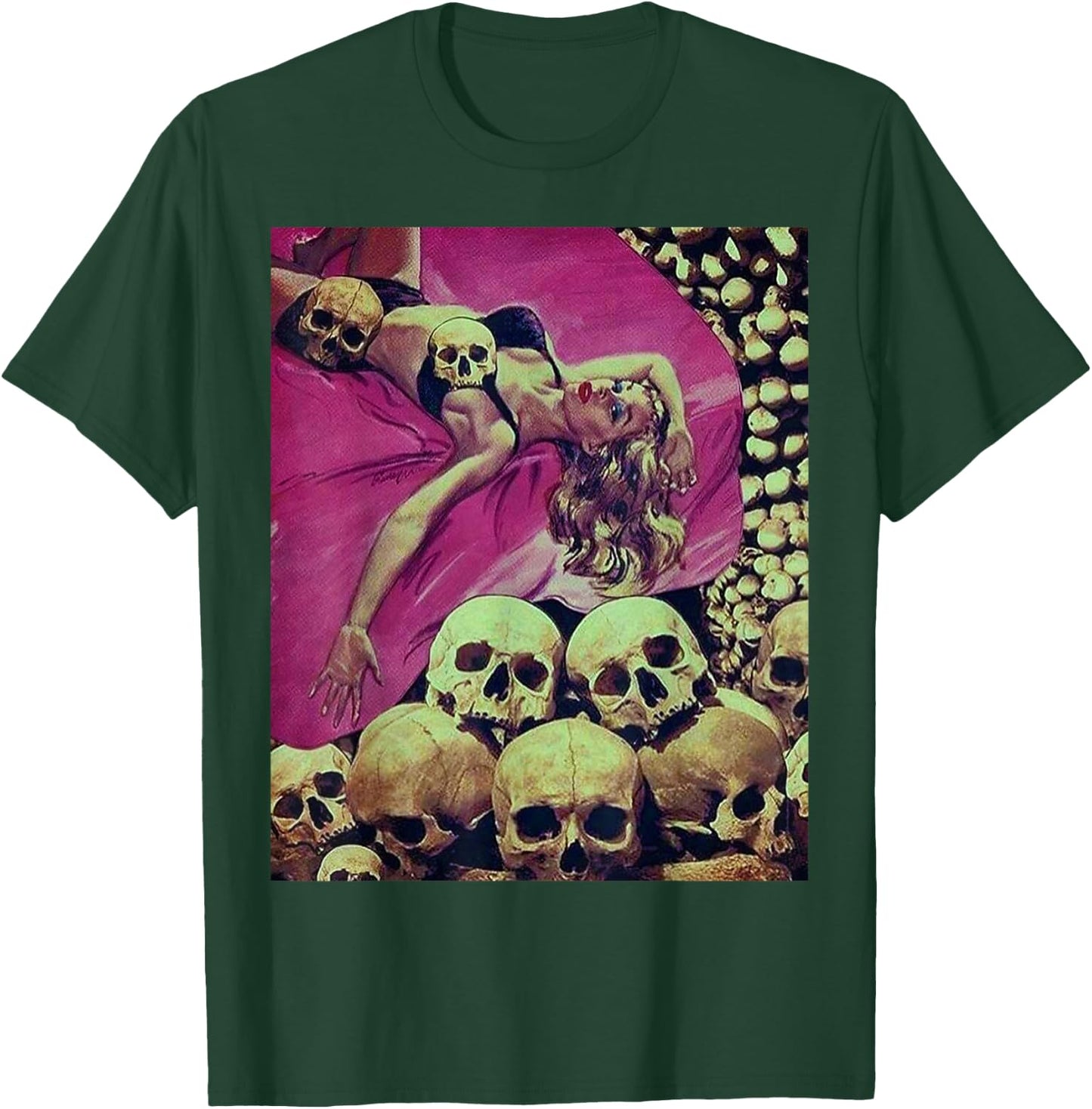 Pin Up Girl in a Bed of Skulls Sci Fi Sexy Horror Comic Book T-Shirt - T-Shirt | Forest