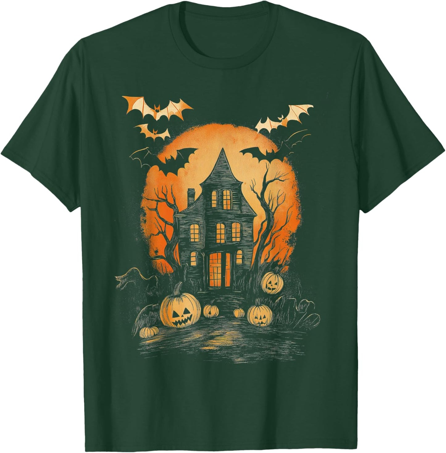 Vintage Spooky Halloween Hunted House Night Casual Graphic T-Shirt - T-Shirt | Forest