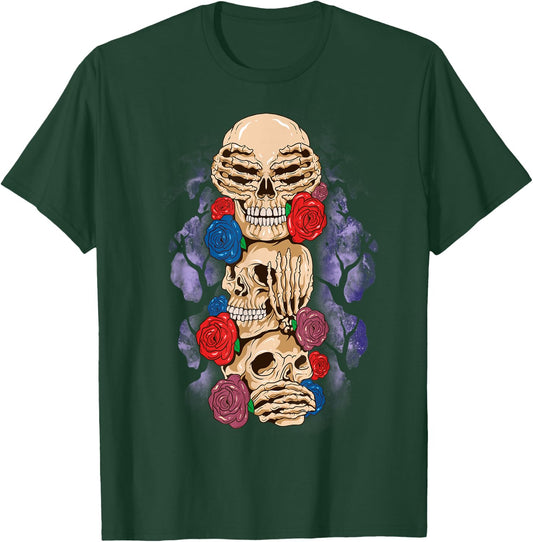 Skull Halloween See No Evil Hear Speak Wise Monkey Rose T-Shirt - T-Shirt | Forest