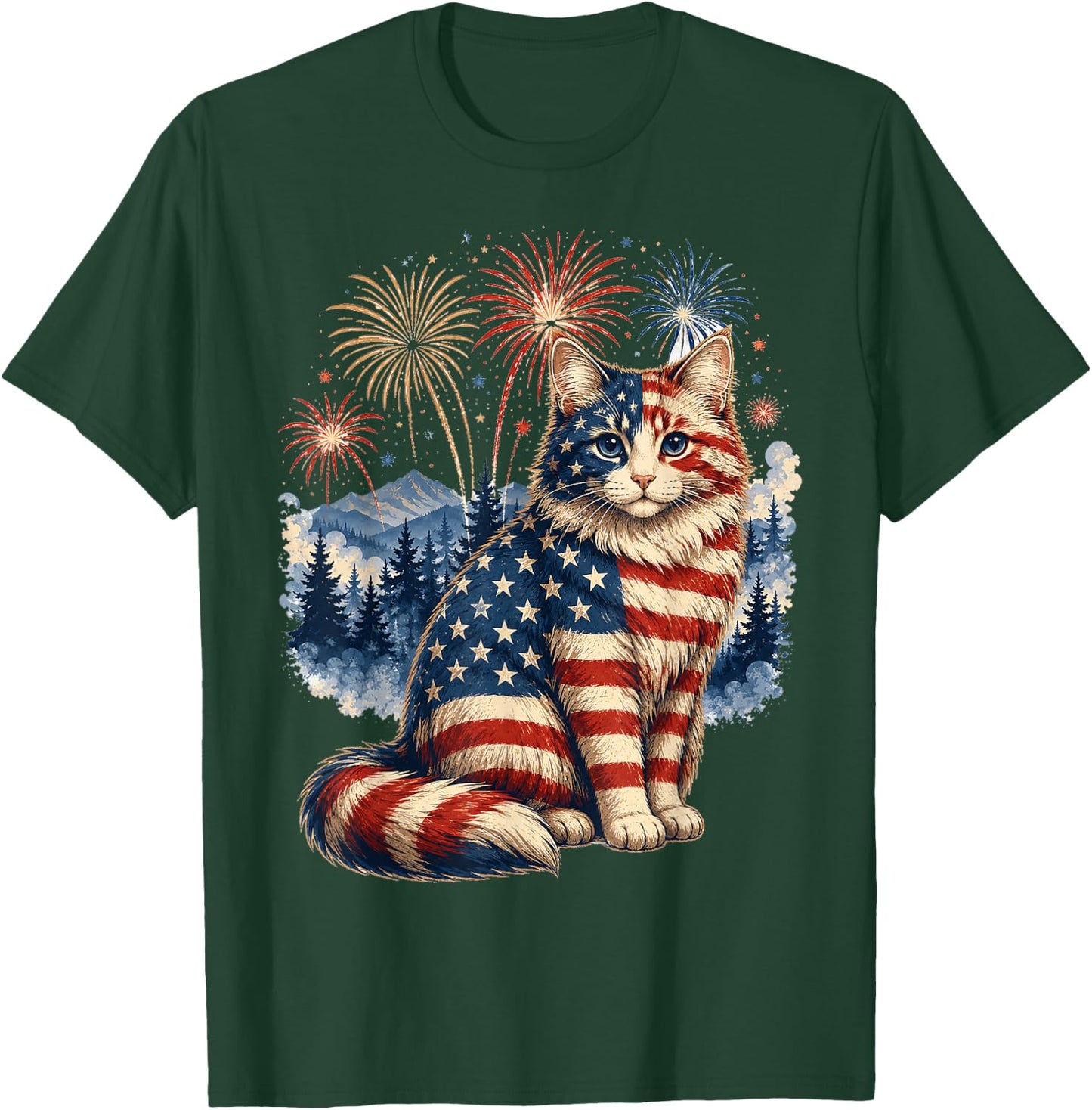 Patriotic Cat Firework 1776 2026 Gifts Women Kids T-Shirt - T-Shirt | Forest