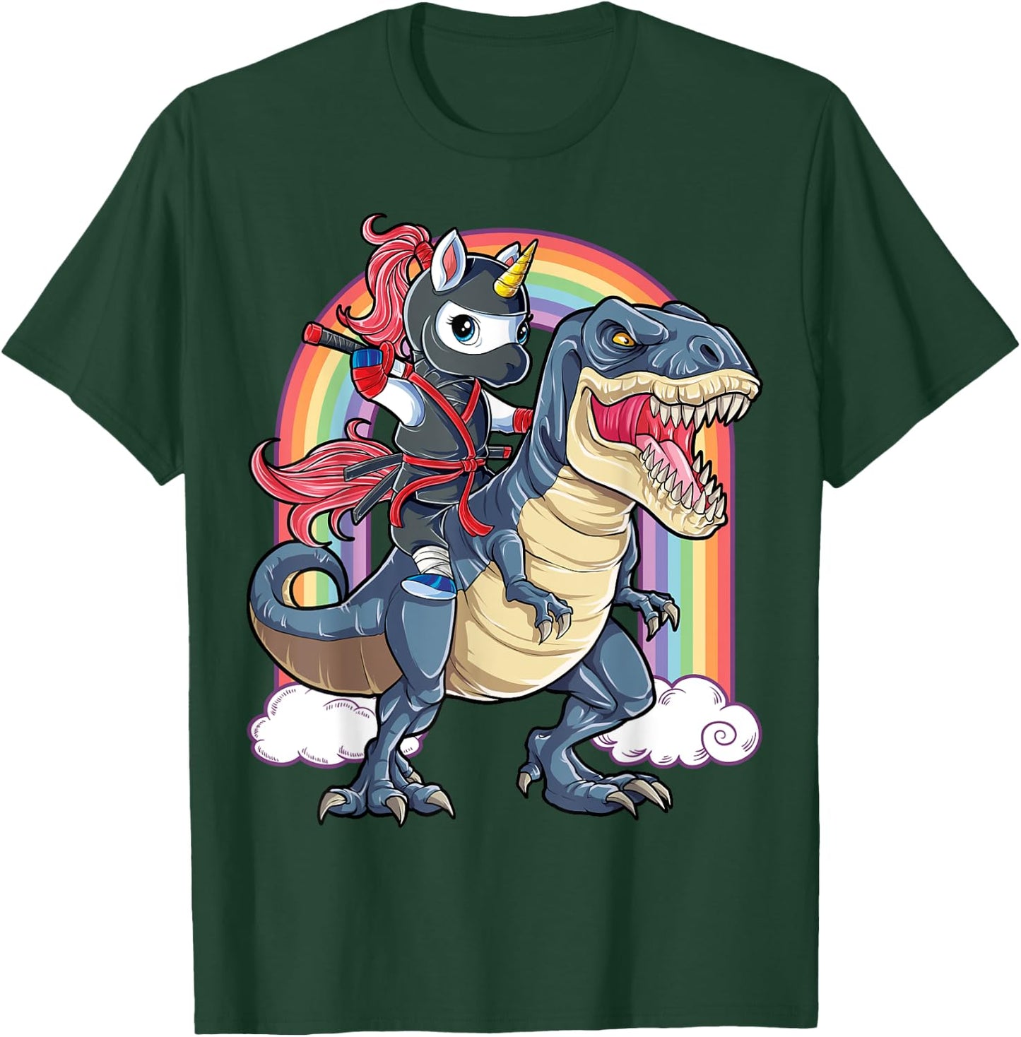 Ninja Unicorn Riding Dinosaur T Rex Funny Men Women Rainbow T-Shirt - T-Shirt | Forest