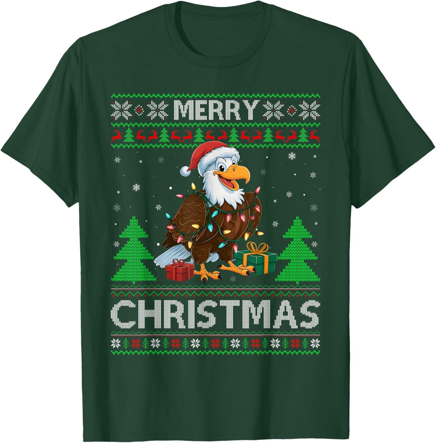Ugly Xmas Sweater Style Lights Santa Eagle Christmas T-Shirt - T-Shirt | Forest