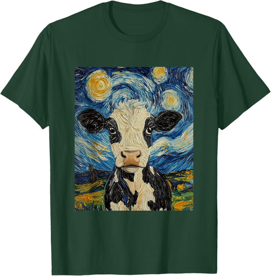 Cow Van Gogh Style Starry Night Funny Graphic T-Shirt - T-Shirt | Forest