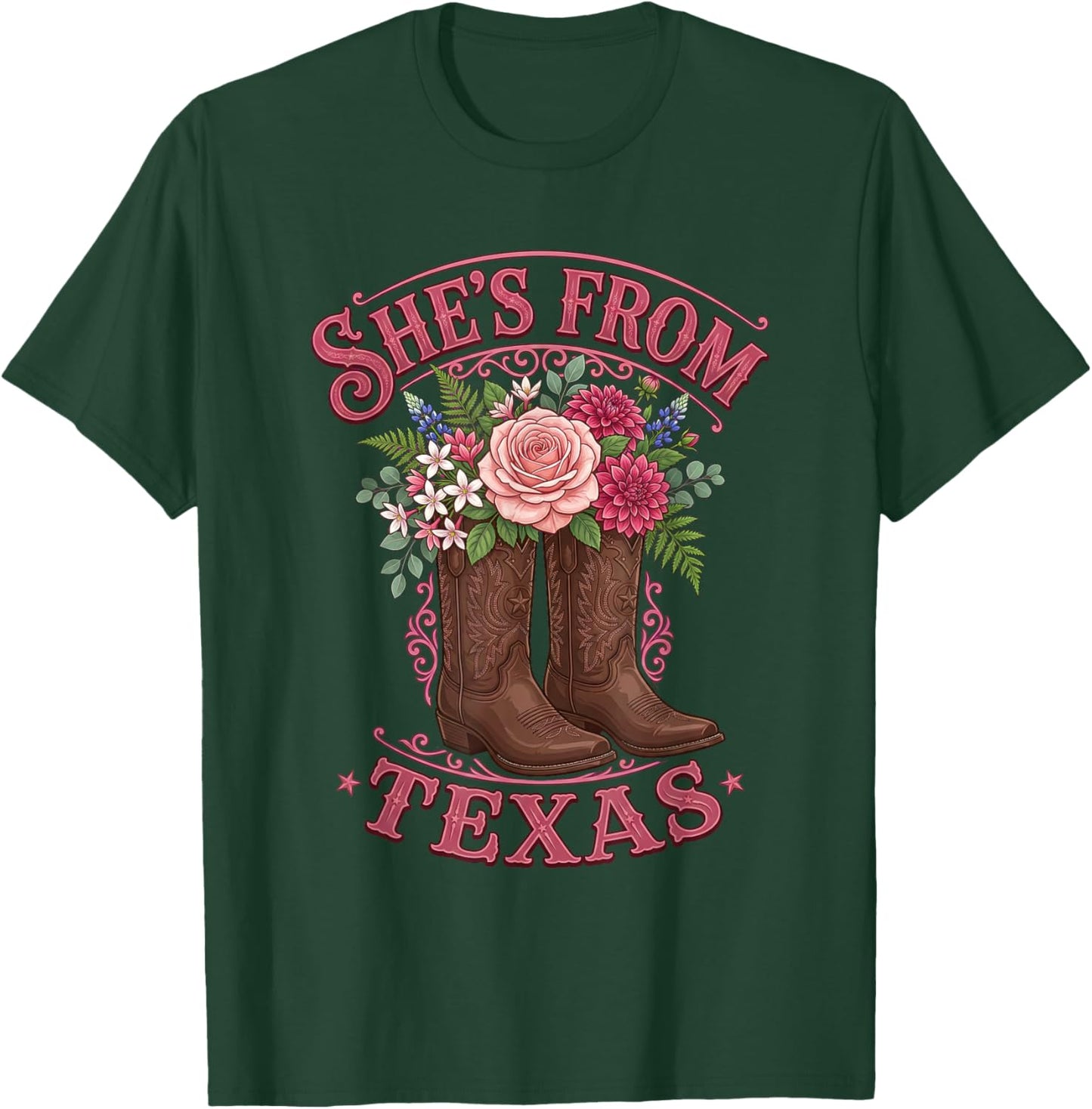 She's from Texas Cowgirl Boots with Flowers T-Shirt - T-Shirt | Forest