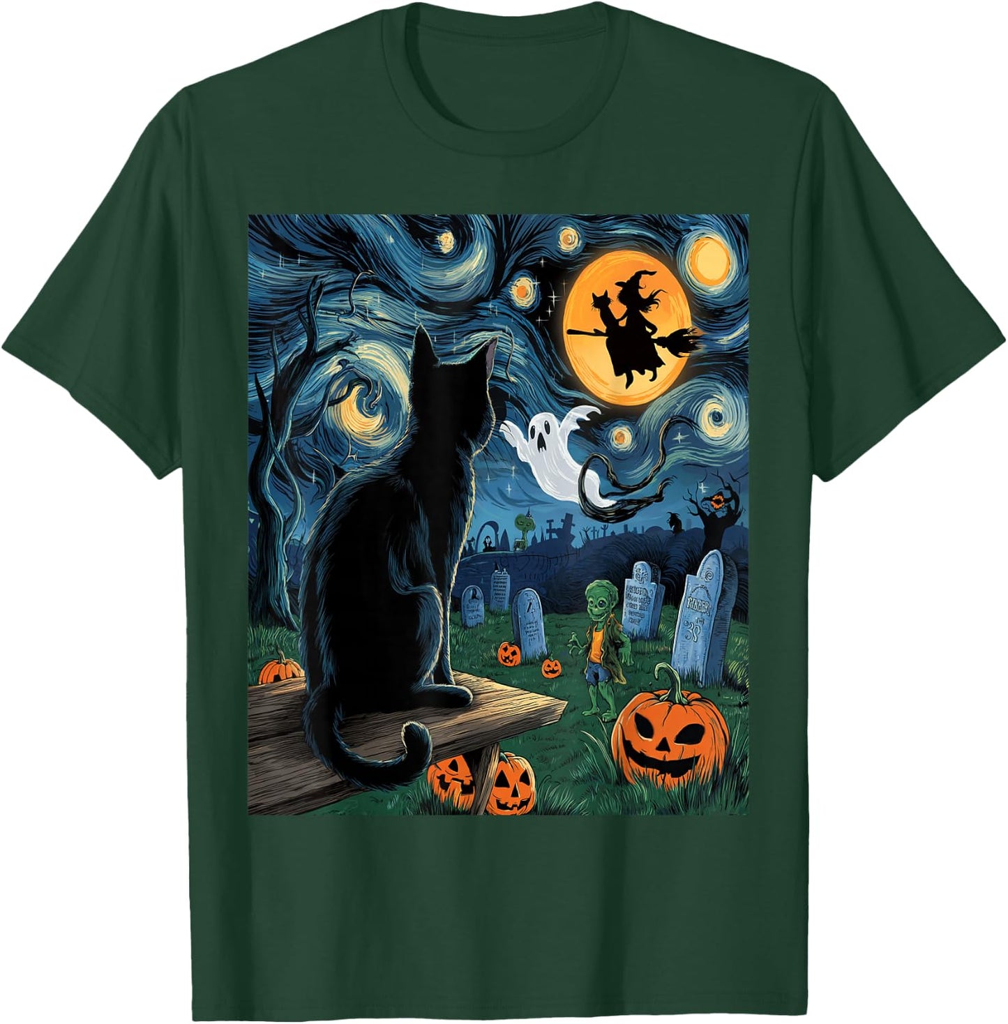 Halloween Van Gogh Starry Night Black Cat Pumpkins Witch T-Shirt - T-Shirt | Forest