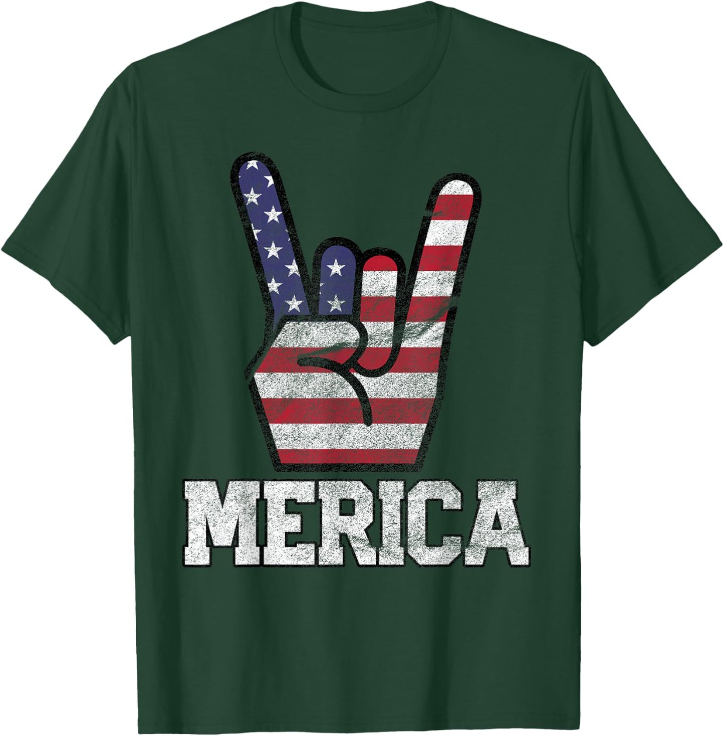 Merica Rock Sign 4th of July Vintage American Flag Retro USA Small T-Shirt - T-Shirt | Forest