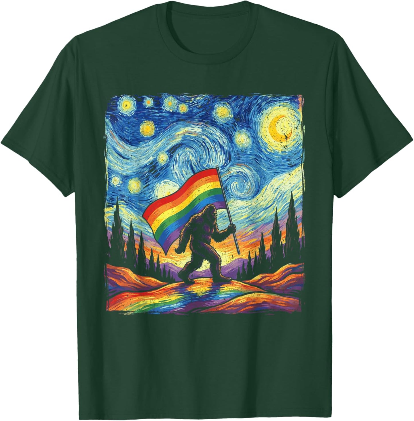 Bigfoot Starry Night Sasquatch Gay Pride LGBT Support T-Shirt - T-Shirt | Forest