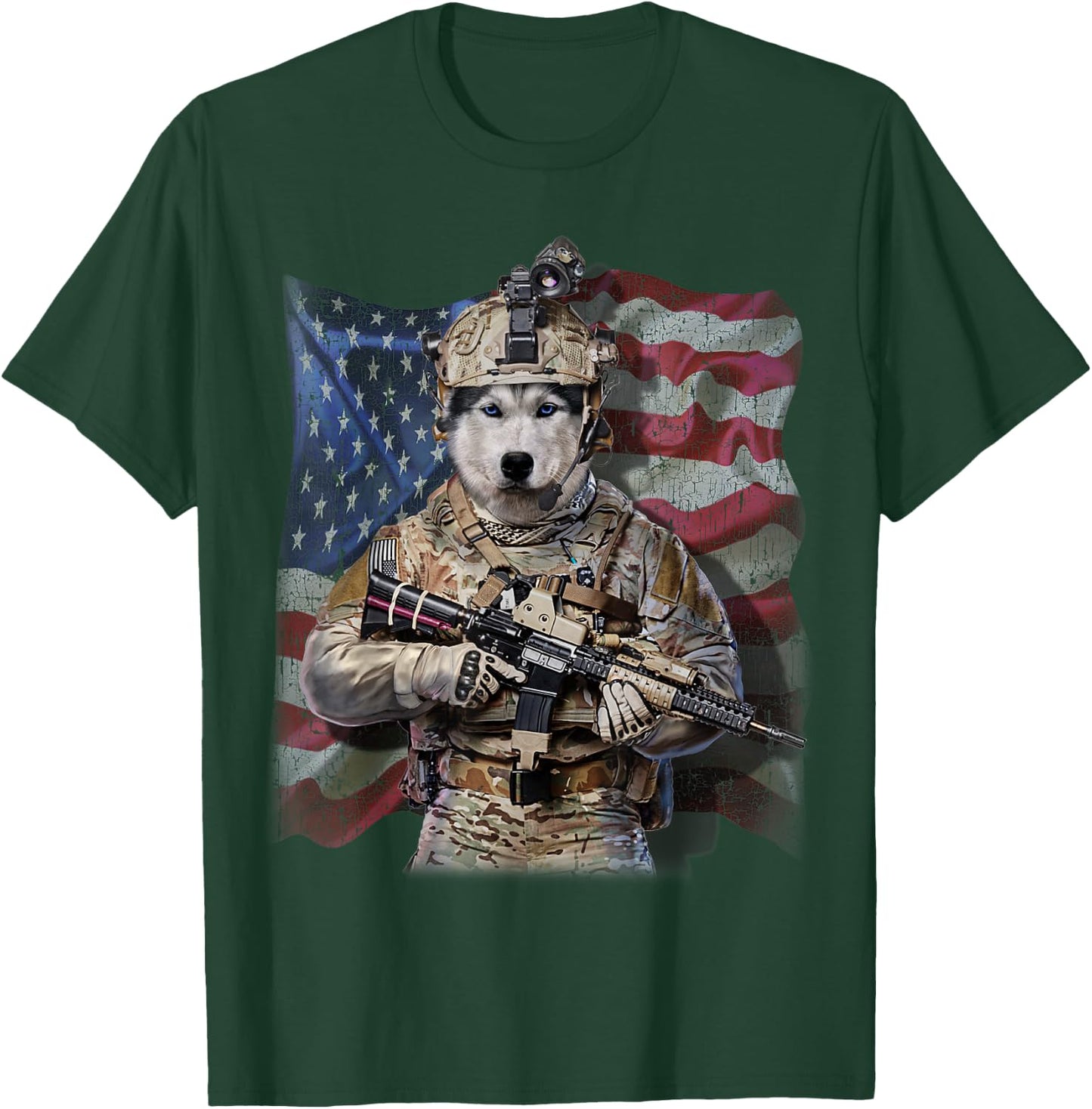 USA Patriot Siberian Husky Dog as Army Commando T-Shirt - T-Shirt | Forest
