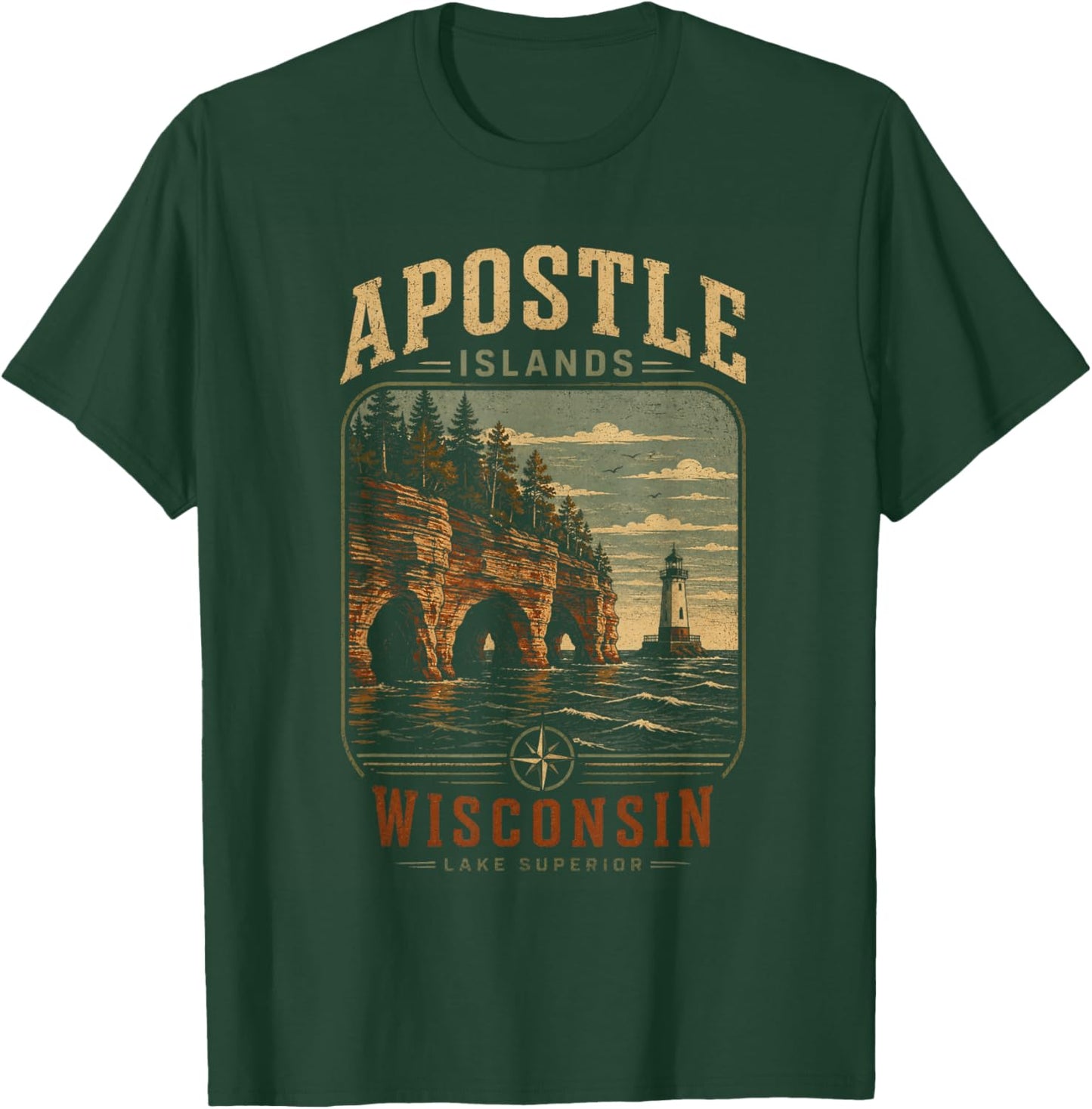 Vintage Apostle Islands Wisconsin Sea Caves Lighthouse T-Shirt - T-Shirt | Forest