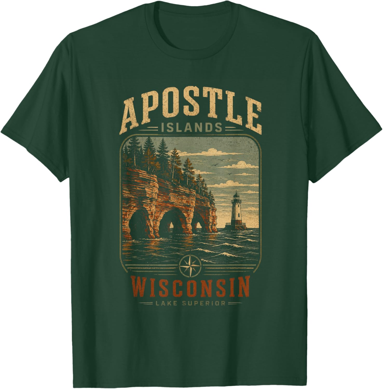 Vintage Apostle Islands Wisconsin Sea Caves Lighthouse T-Shirt - T-Shirt | Forest