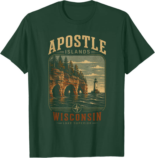 Vintage Apostle Islands Wisconsin Sea Caves Lighthouse T-Shirt - T-Shirt | Forest