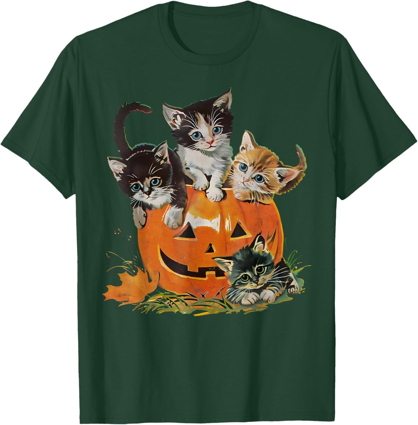 Vintage 90s Cat Pumpkin Halloween Retro Floral Spooky Season T-Shirt - T-Shirt | Forest