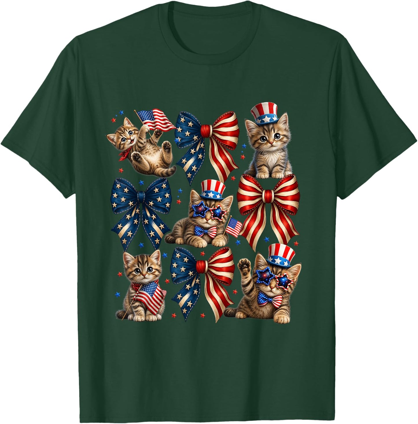 Patriotic Cat USA Flag Bow Independence Day Fourth of July T-Shirt - T-Shirt | Forest