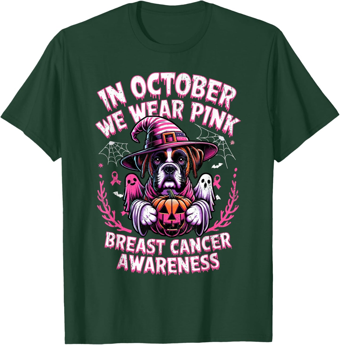 In October We Wear Pink Ghost Boxer Dog Breast Cancer Women Girls Kids T-Shirt - T-Shirt | Forest