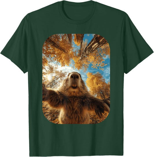 Cute Beaver Selfie Fall Leaves Forest Autumn Animal Graphic T-Shirt - T-Shirt | Forest