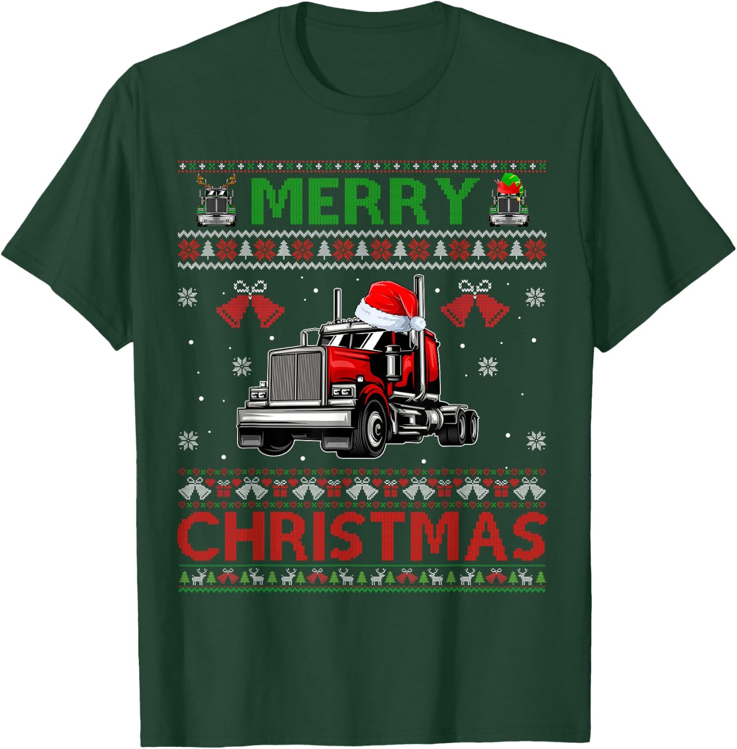 Merry Christmas Elf Reindeer Santa Trucker Ugly Xmas Sweater T-Shirt - T-Shirt | Forest