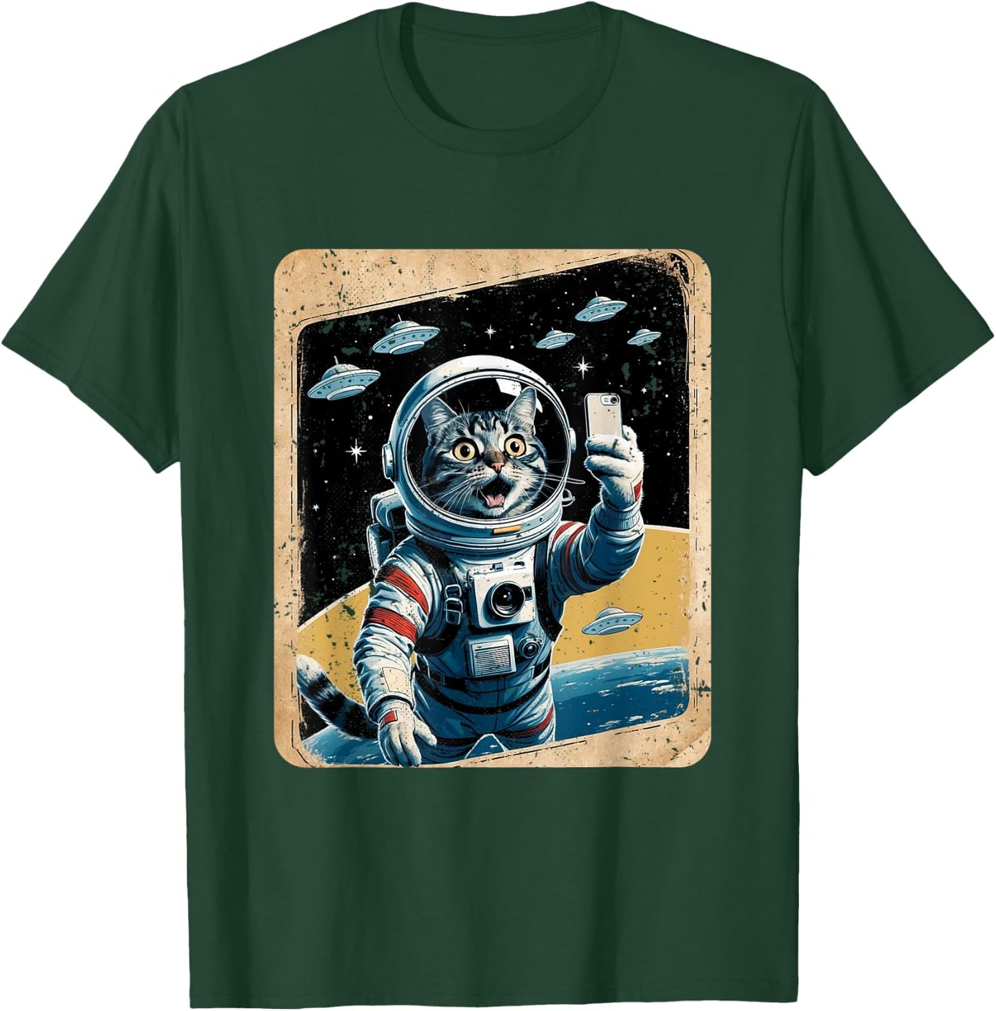 Space Cat Astronaut UFO Funny Sci-fi Alien Selfie T-Shirt - T-Shirt | Forest