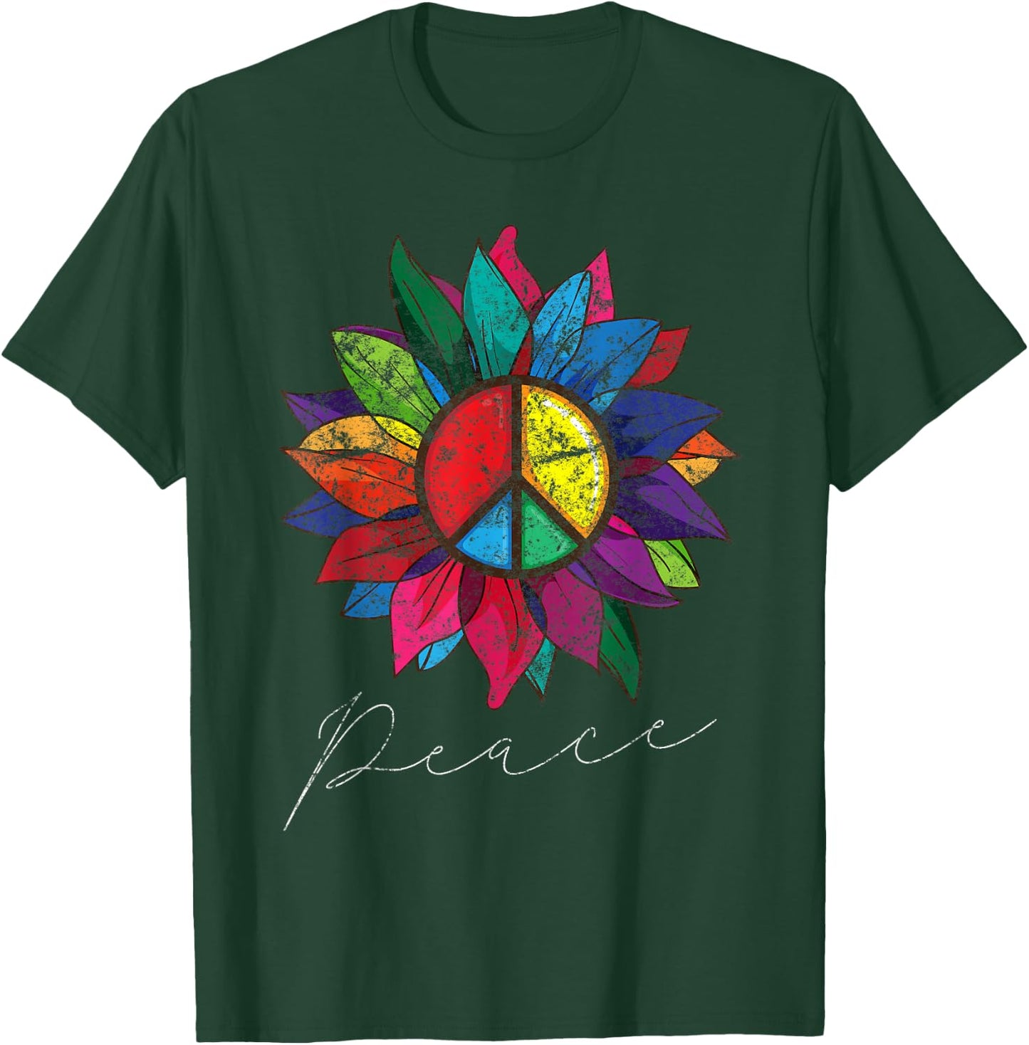 Sunflower Flower Distressed Rainbow Peace Sign 70s T-Shirt - T-Shirt | Forest