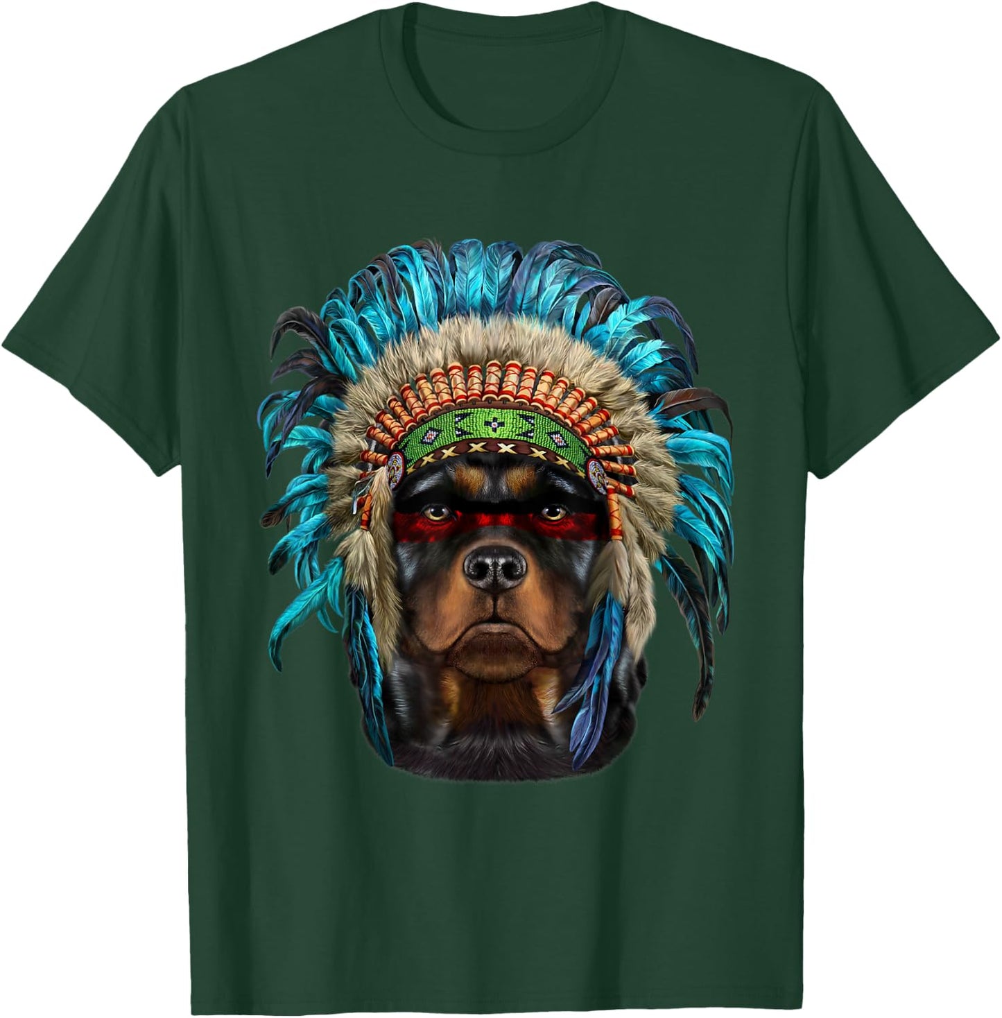 Rottweiler Dog wearing Native American Indian Headdress Men Women Kids T-Shirt - T-Shirt | Forest