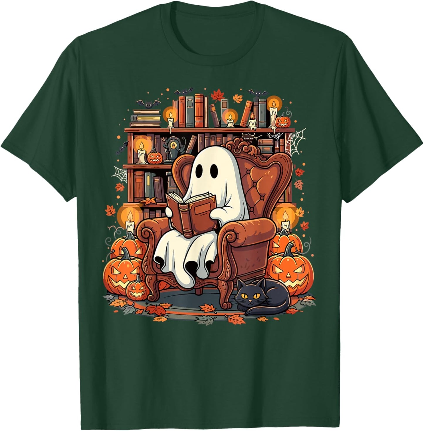 Halloween Ghost Reading Books Pumpkin Black Cat Library T-Shirt - T-Shirt | Forest