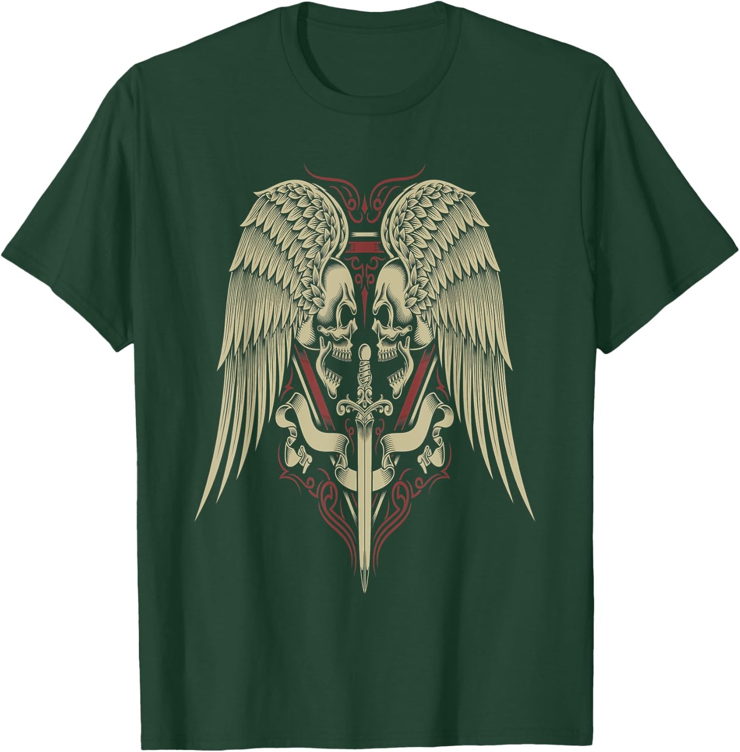 Skull Motorcycle Biker Medieval Sword Angel Wings Goth T-Shirt - T-Shirt | Forest