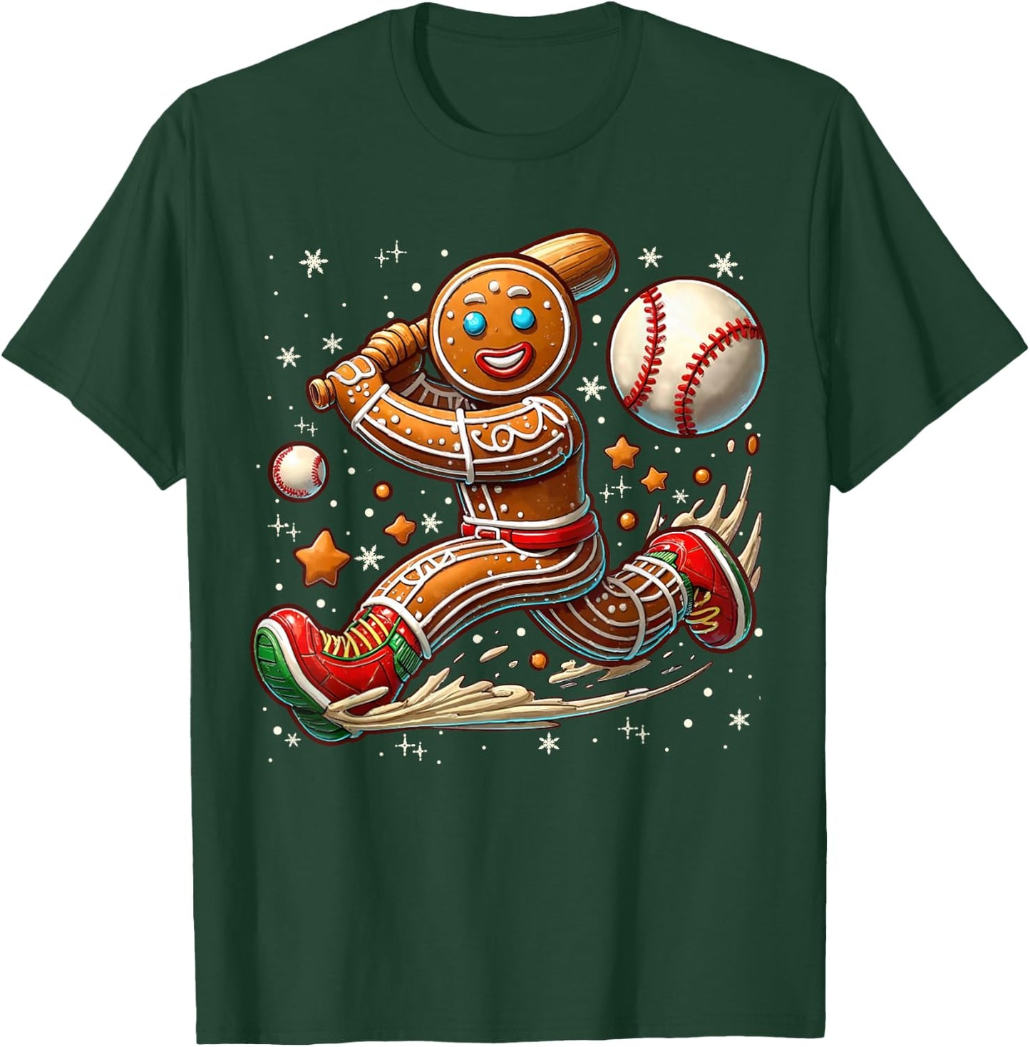Christmas Gingerbread Man Sports Player Funny Baseball Xmas T-Shirt - T-Shirt | Forest