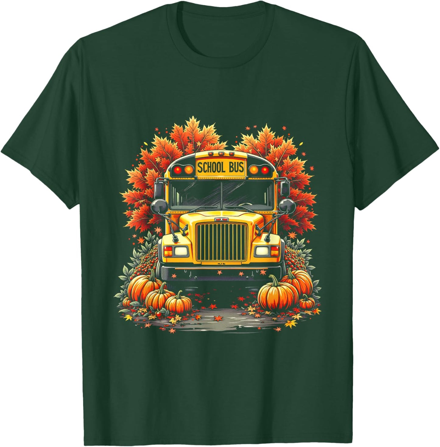 School Bus Driver Pumpkins Autumn Leaves Fall Thanksgiving T-Shirt - T-Shirt | Forest