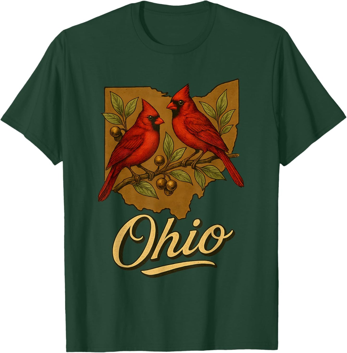 Ohio Cardinal Birds with State Outline Nature Art T-Shirt - T-Shirt | Forest