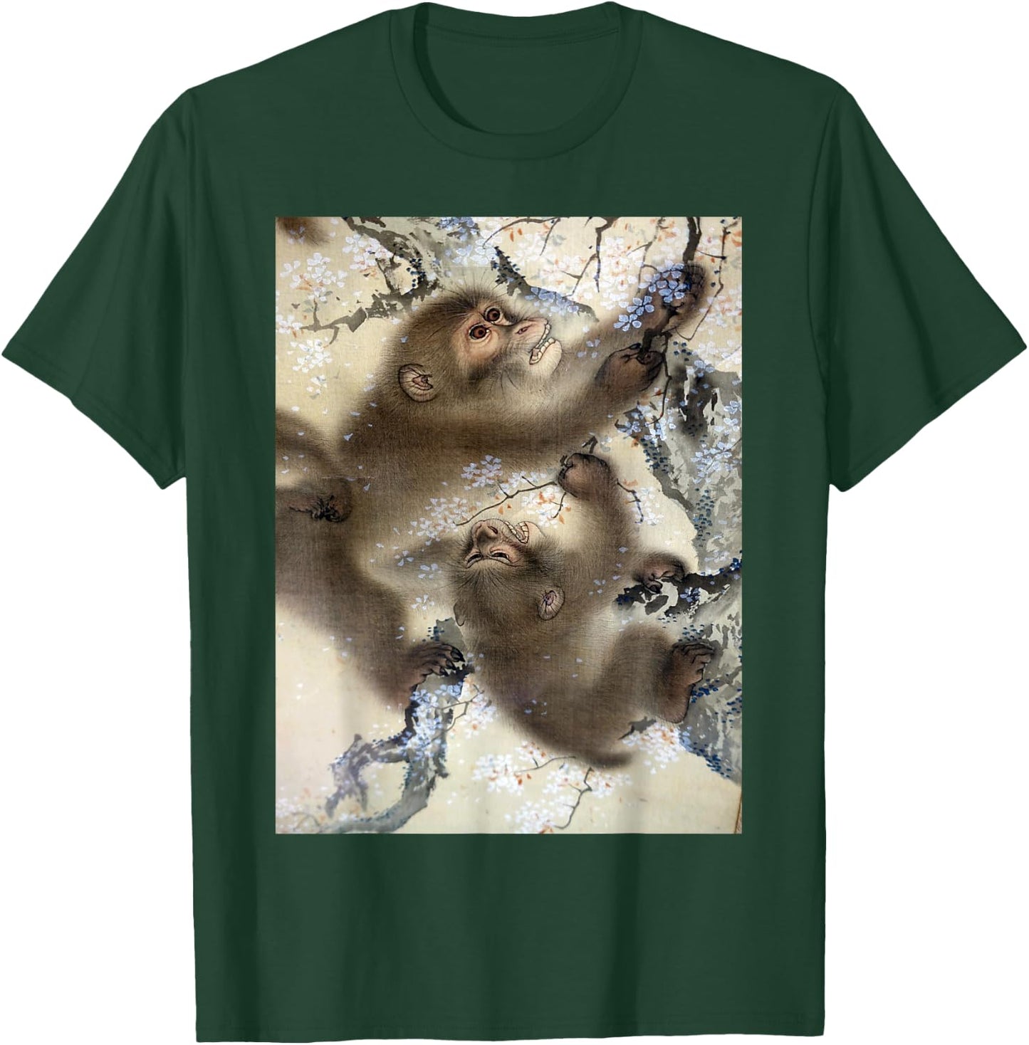 Monkeys In Cherry Blossom Tree Japanese Art Woodblock T-Shirt - T-Shirt | Forest