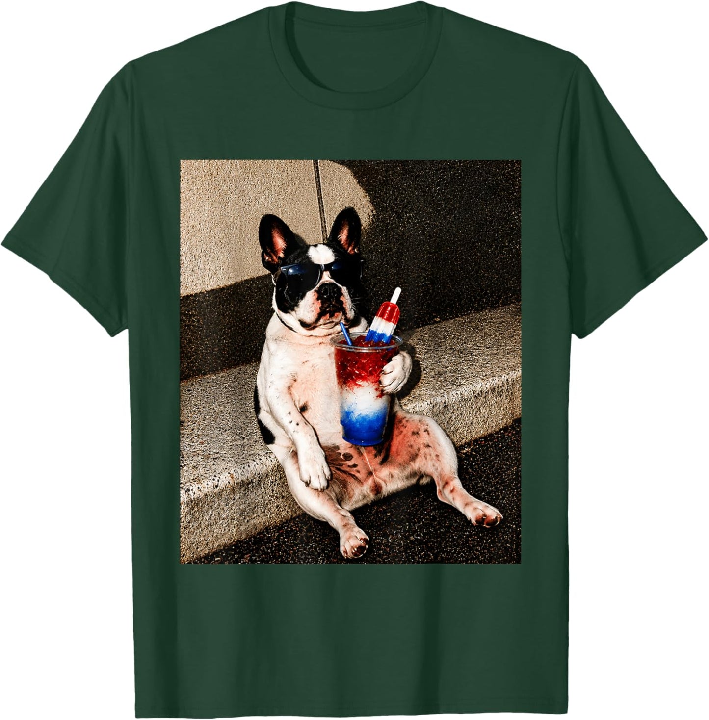 Patriotic French Bulldog Drinking Slushie Red White Blue T-Shirt - T-Shirt | Forest