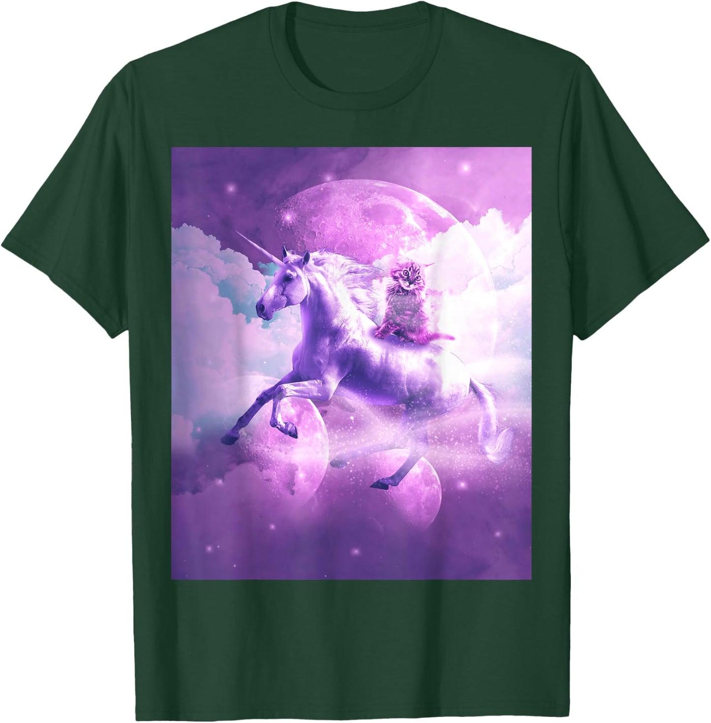 Kitty Cat Riding On Flying Space Galaxy Unicorn T-Shirt - T-Shirt | Forest