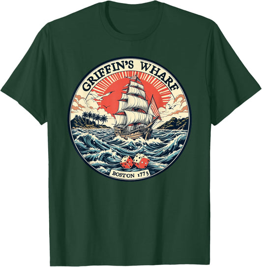 Griffin's Wharf 1773 – Boston Ship & Dice Logo Design T-Shirt - T-Shirt | Forest