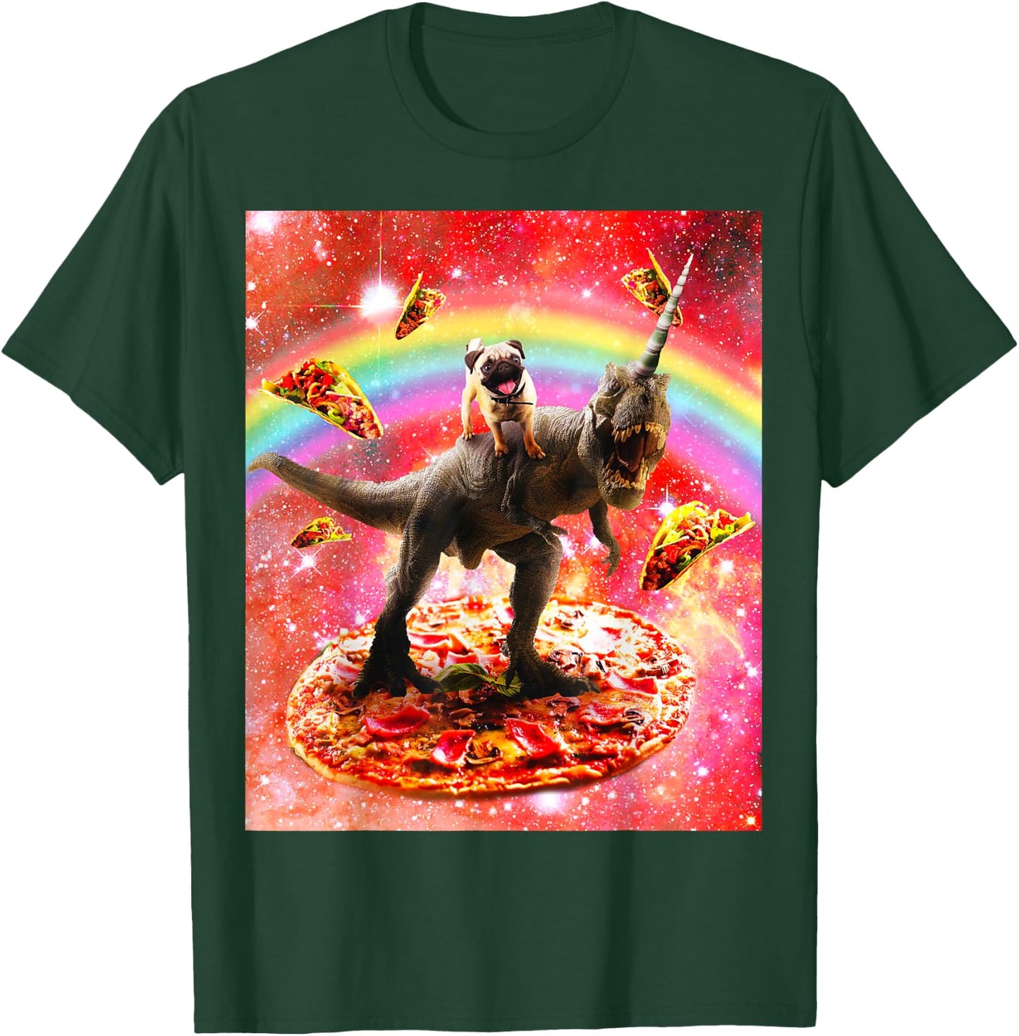 Space Pug Riding Dinosaur Unicorn - Pizza & Taco T-Shirt - T-Shirt | Forest