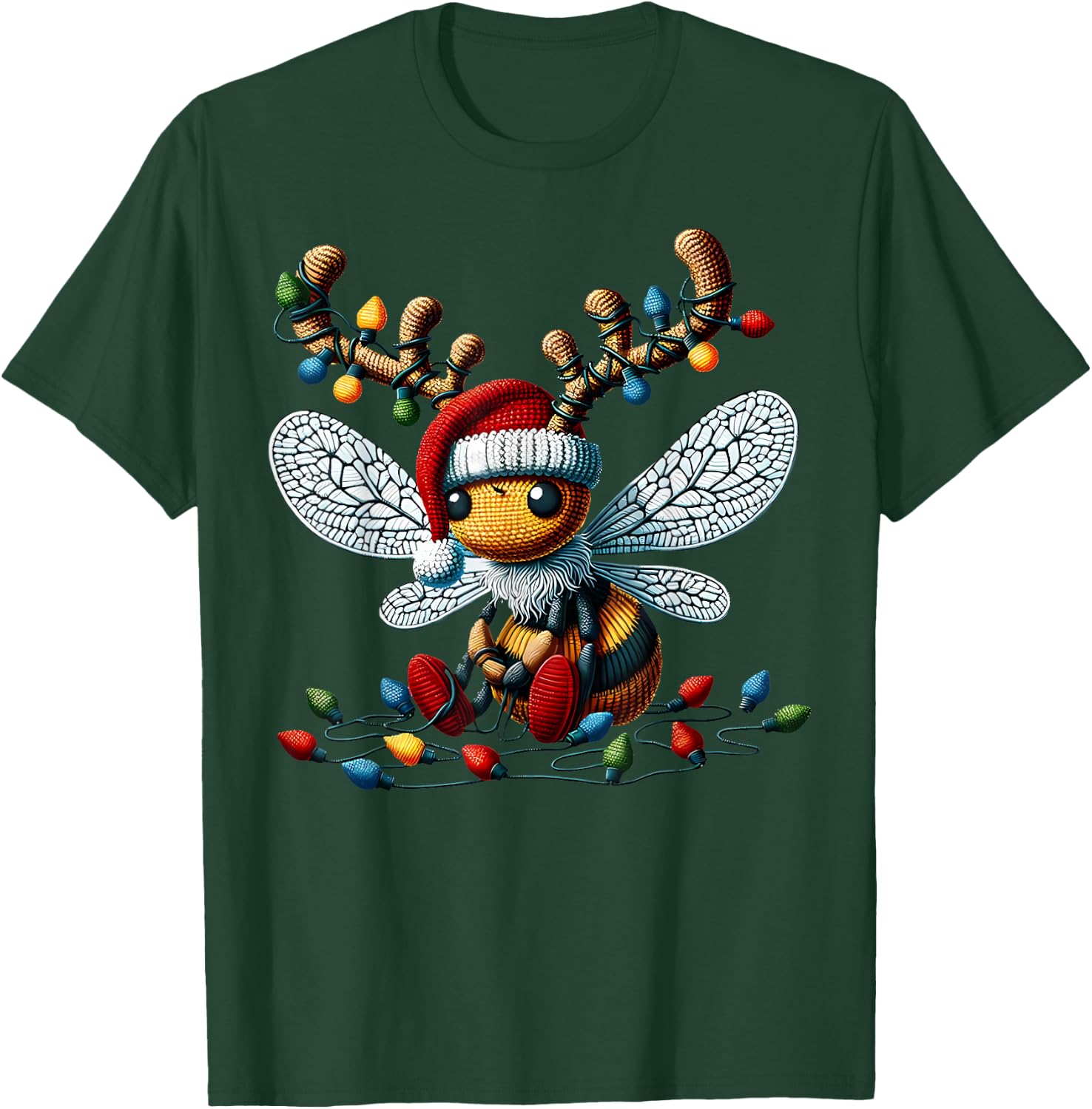 Cute Crochet Bee Christmas Light Santa Hat Reindeer Bee T-Shirt - T-Shirt | Forest