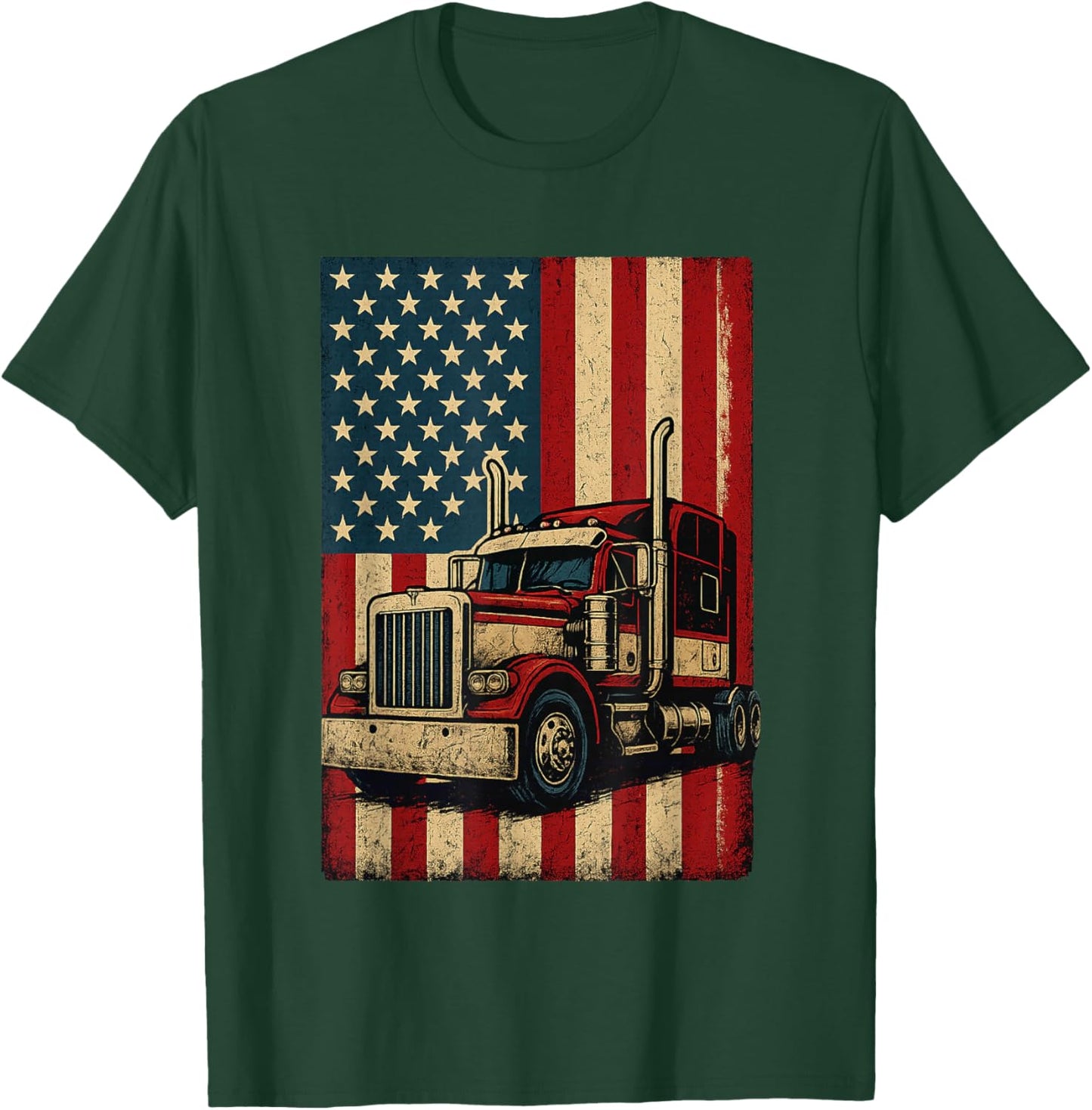 Truck Driver USA Flag Patriotic Trucker T-Shirt - T-Shirt | Forest