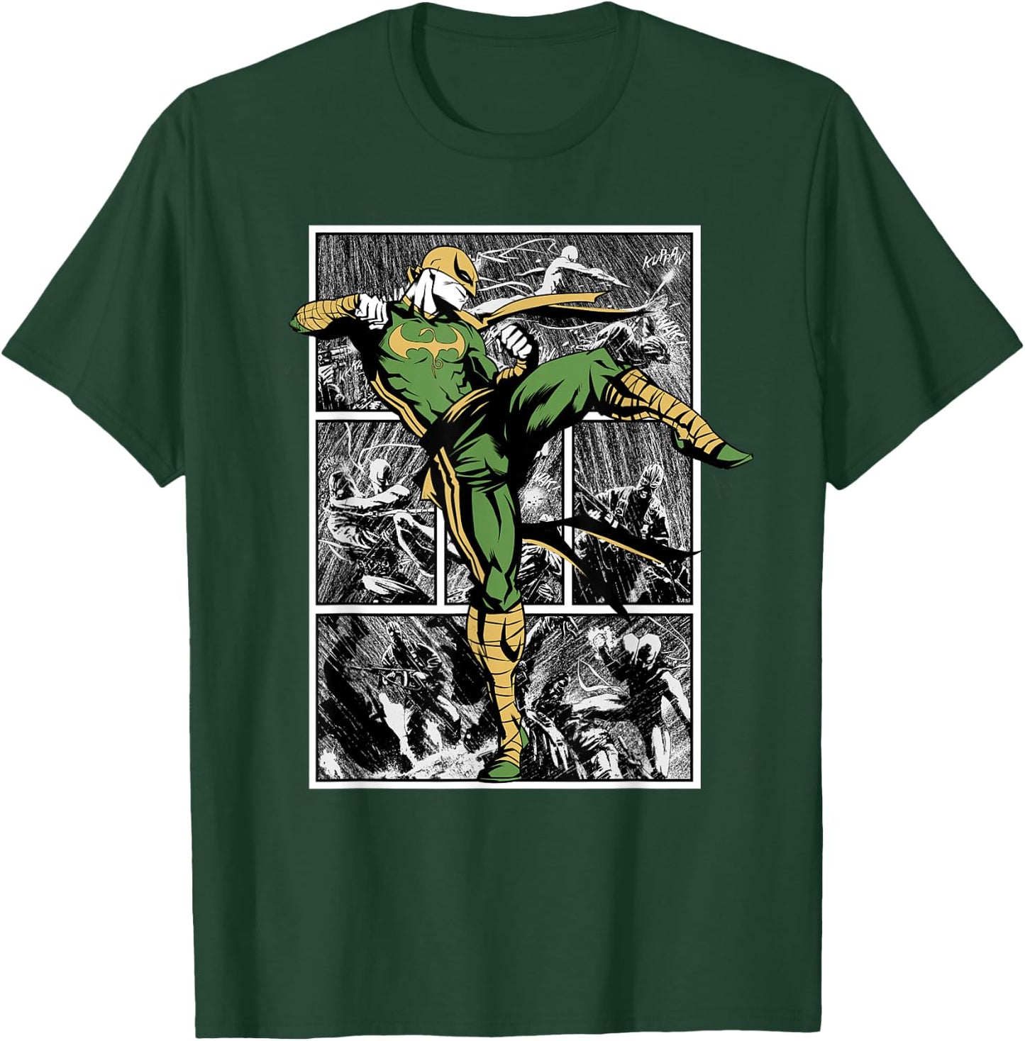 Marvel Comics Retro Classic Iron Fist Rain Battle Panels T-Shirt - T-Shirt | Forest