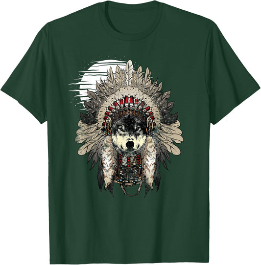 Wolf T Shirt Moon Native American Headdress Wolves Clothing T-Shirt - T-Shirt | Forest