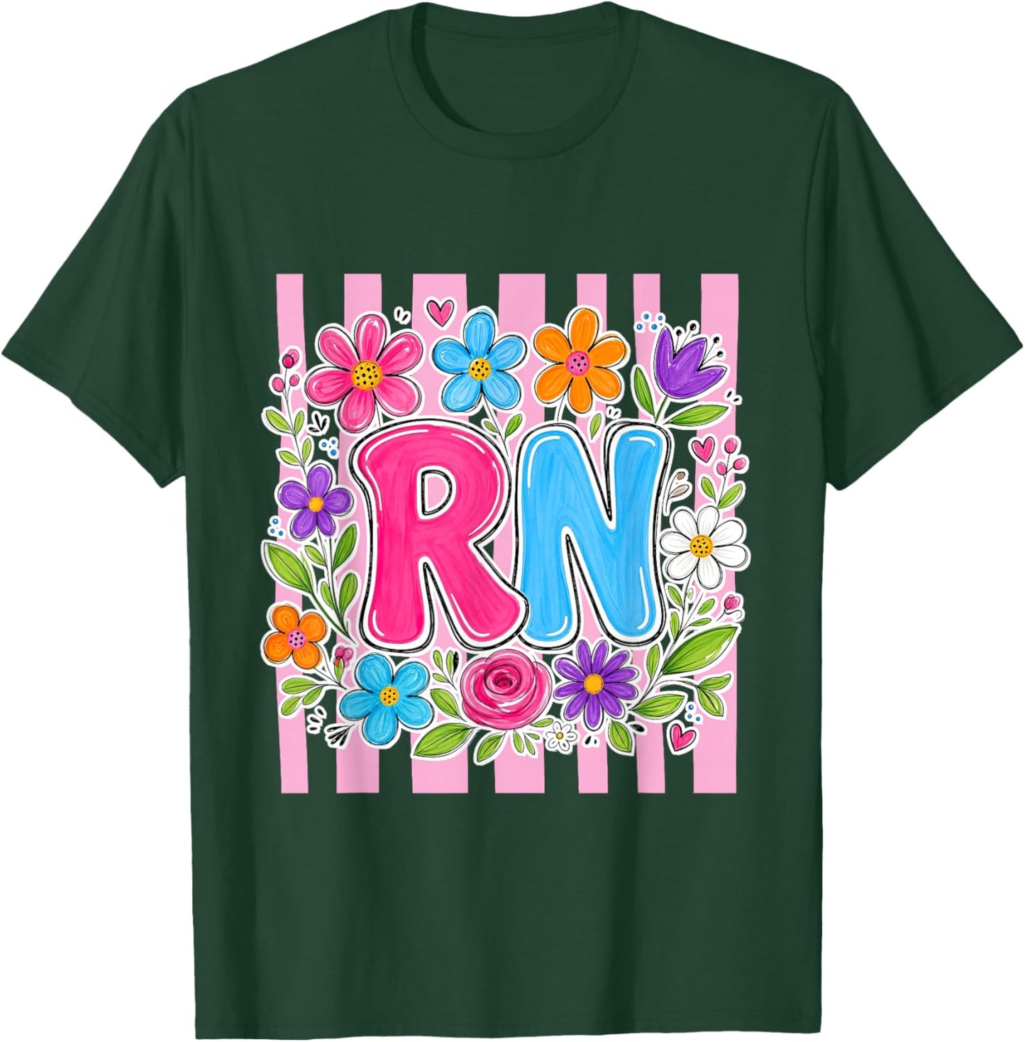 RN Registered Nurse Striped Floral Nursing Students Women T-Shirt - T-Shirt | Forest