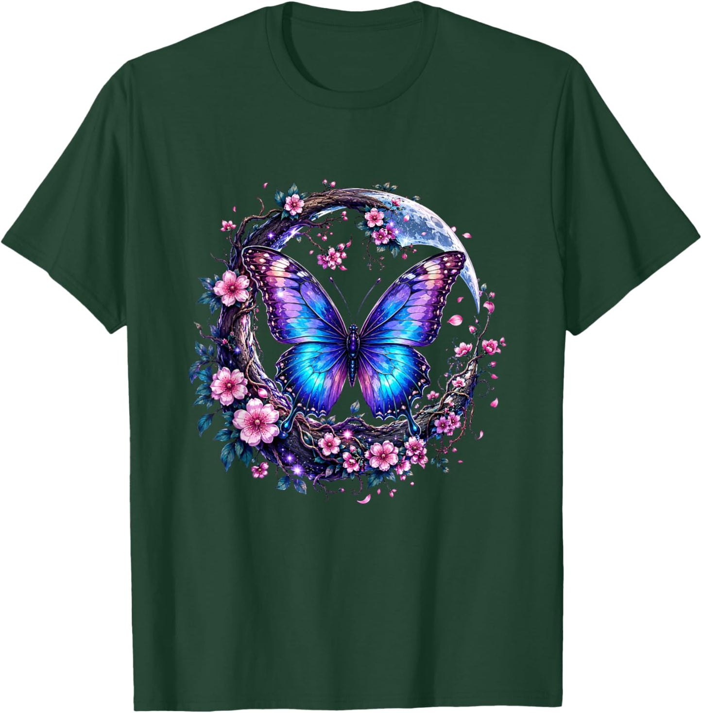 Butterfly Moon Cherry Blossom Fantasy Floral Nature Art T-Shirt - T-Shirt | Forest