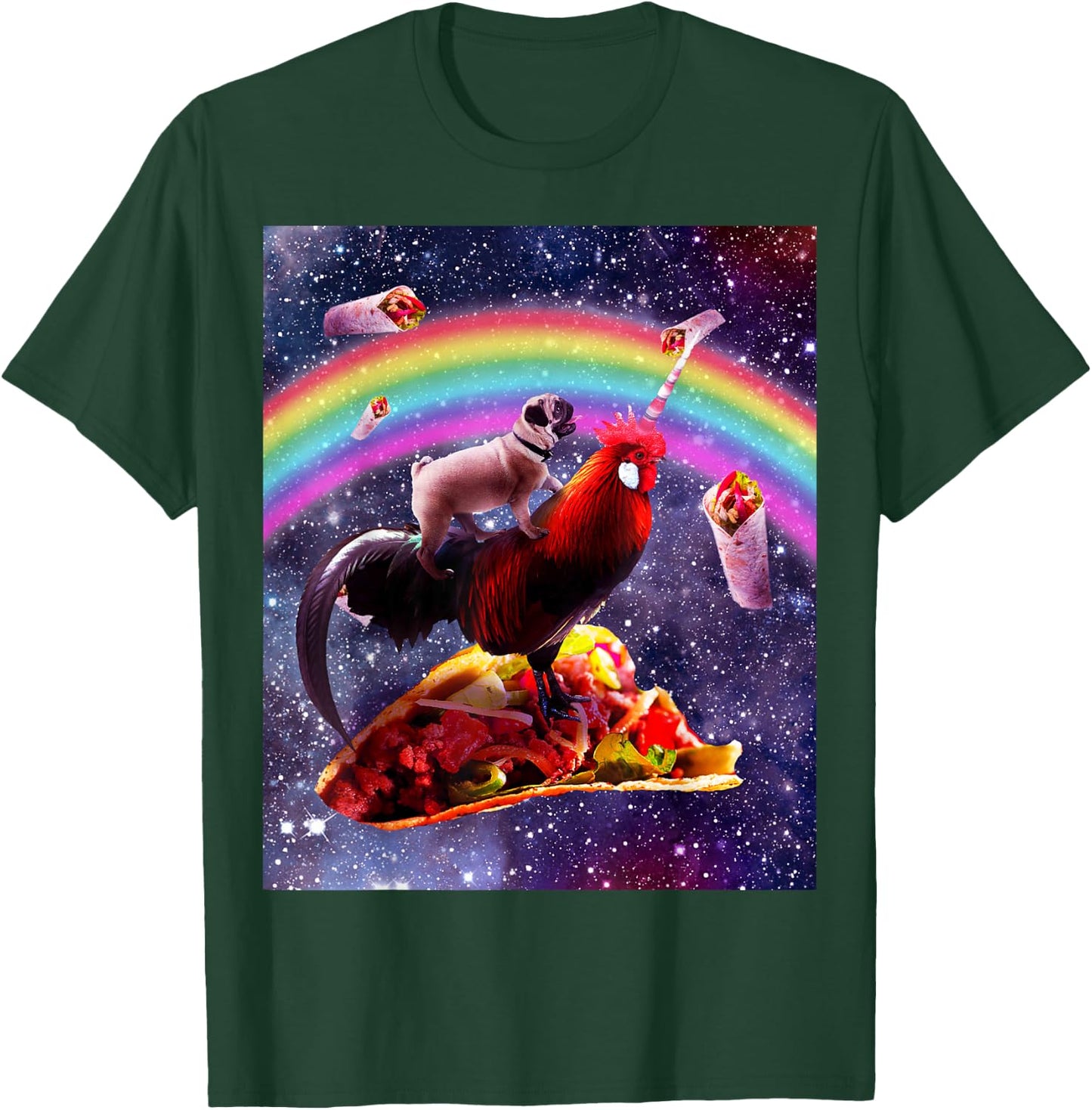 Space Pug Riding Chicken Unicorn - Taco & Burrito T-Shirt - T-Shirt | Forest