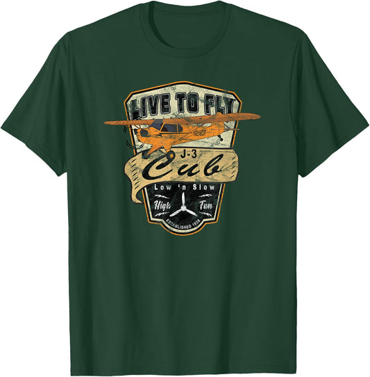 J-3 Cub Airplane "Live to Fly" Vintage Pilot T-Shirt - T-Shirt | Forest