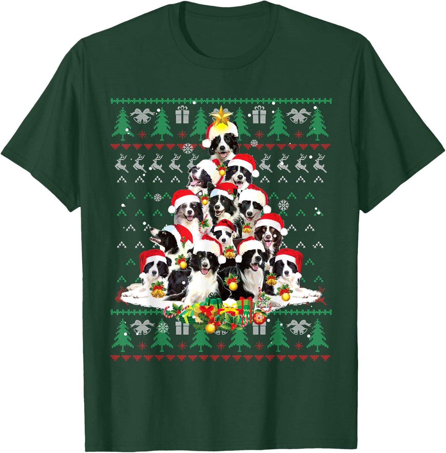 Border Collie Christmas Tree Santa Ugly Sweater Funny Dog T-Shirt - T-Shirt | Forest
