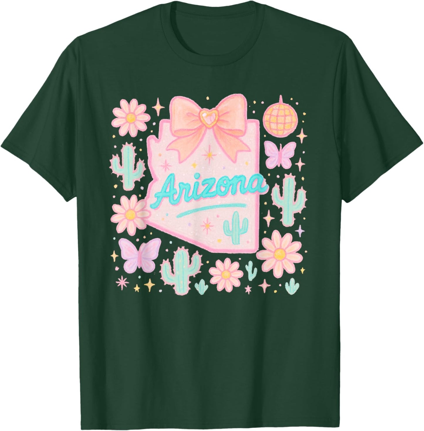 Arizona Preppy State Coquette Bow and Cactus Aesthetic T-Shirt - T-Shirt | Forest