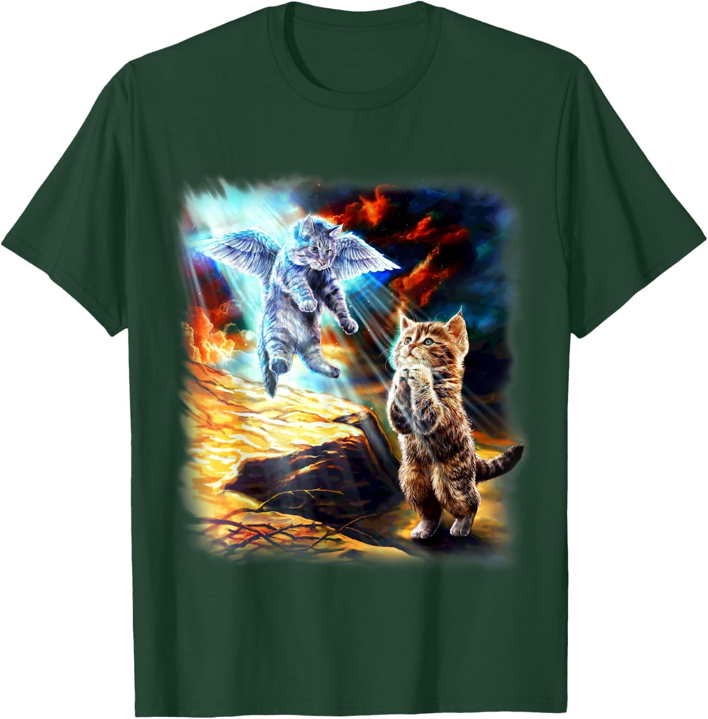 Angel Cat and Praying Companion in Fiery Sky Men Women Kids T-Shirt - T-Shirt | Forest