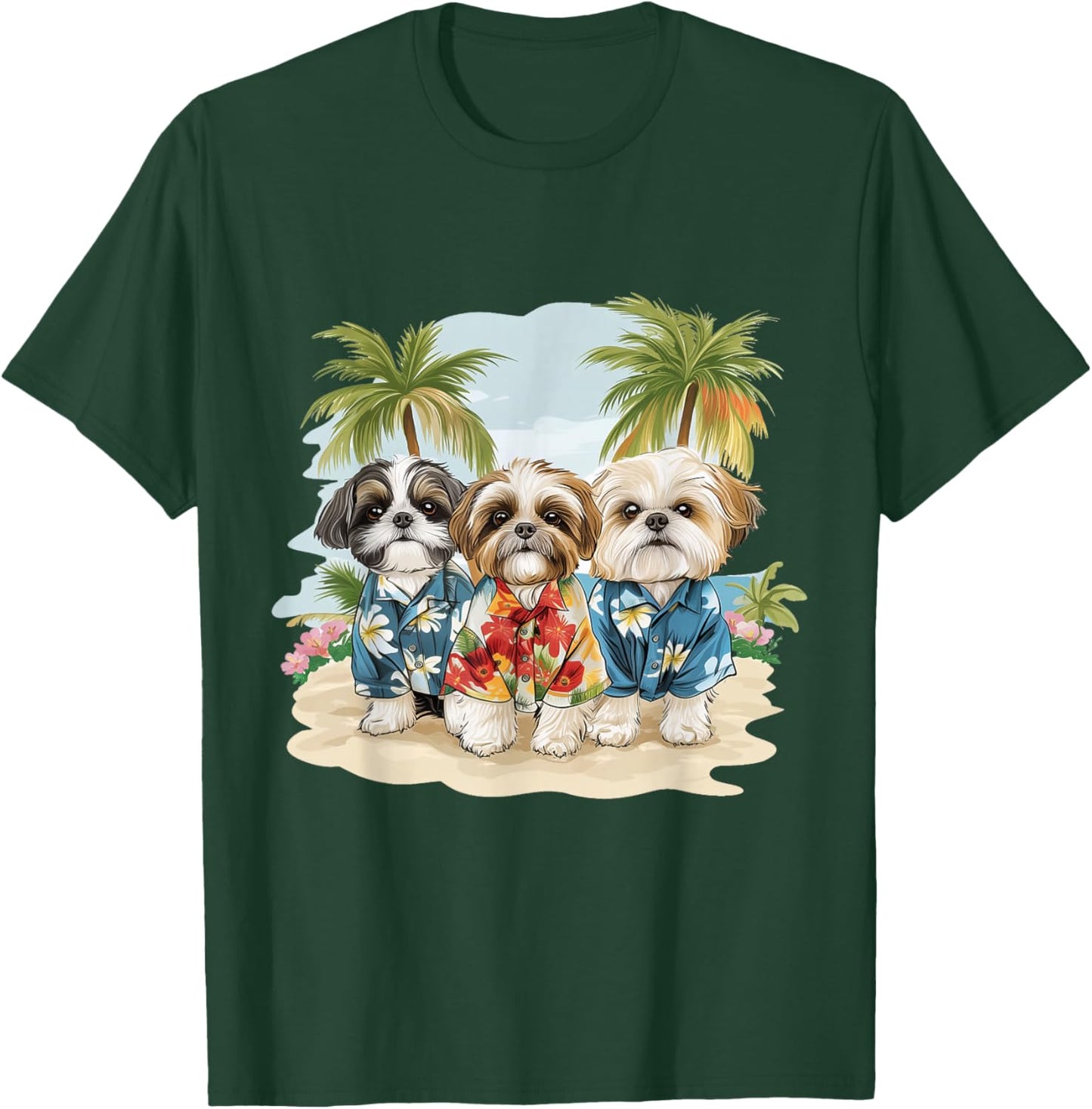 Cute Shih Tzu Dogs Hawaiian Tops Palm Trees Ocean Colorful T-Shirt - T-Shirt | Forest