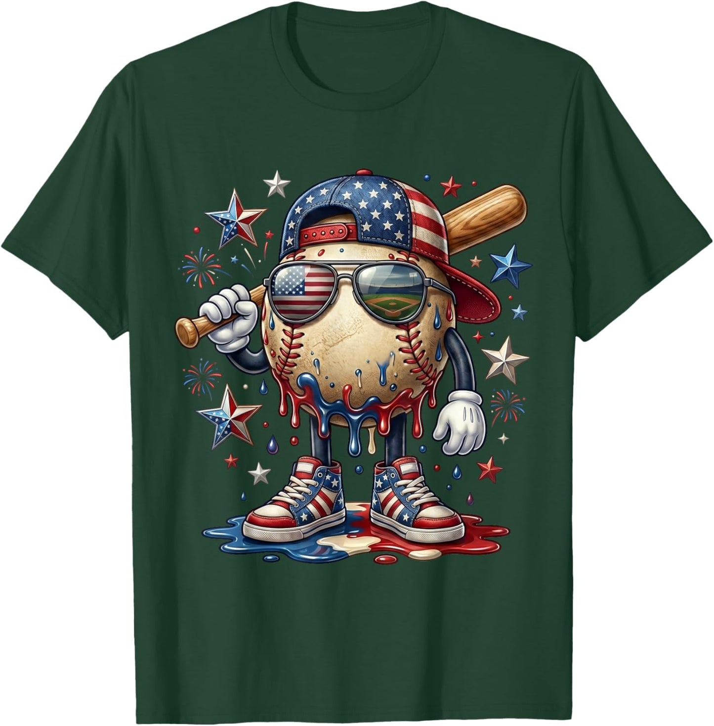 Patriotic Baseball Drip American Flag Cap 4th of July Sports T-Shirt - T-Shirt | Forest