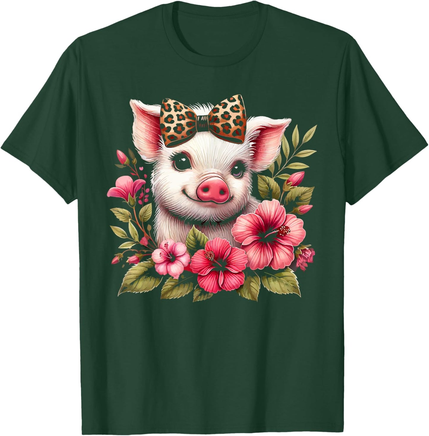 Pig With Leopard Headband Flower Cute Pig Lover T-Shirt - T-Shirt | Forest