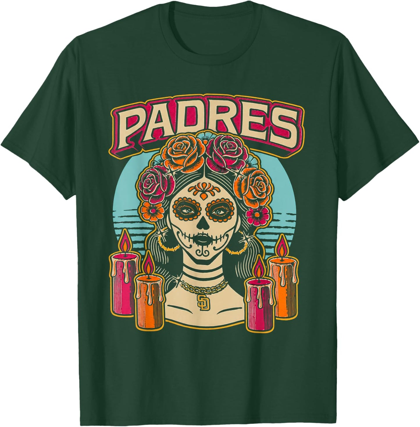 Vintage Padres Sugar Skull Catrina Roses Baseball Fan T-Shirt - T-Shirt | Forest